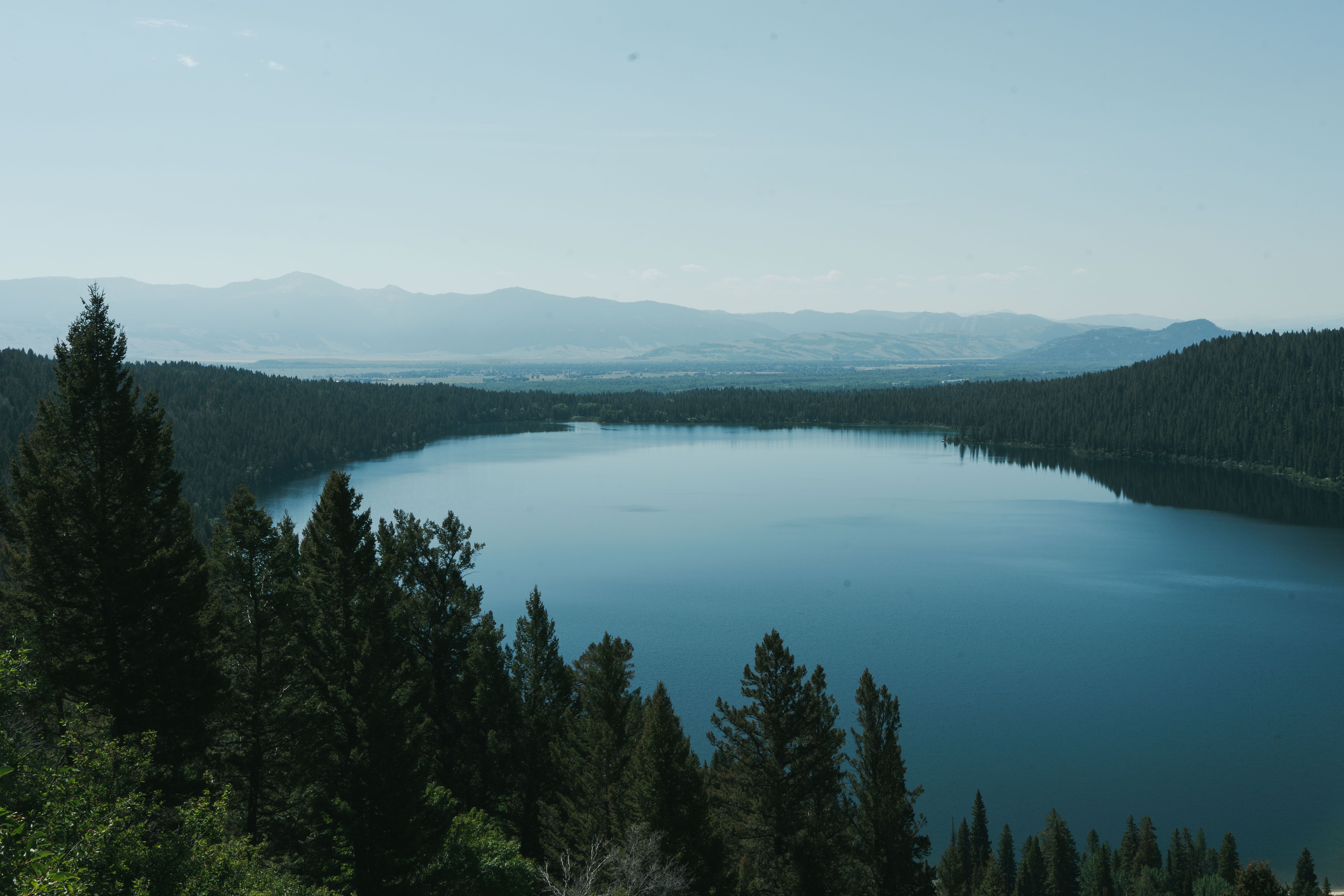 Yellowstone Lake from a distance, with a storm approaching.